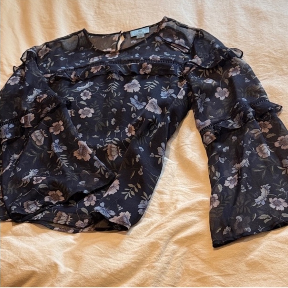 CeCe Black Floral Ruffle Bell-Sleeve Blouse